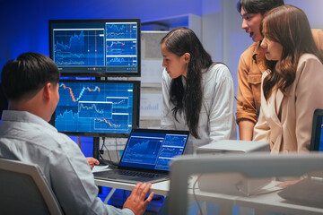 Professional computer engineer working on a new software technology design in the office Night, focus or programmer review search engine process, software or IT database development	