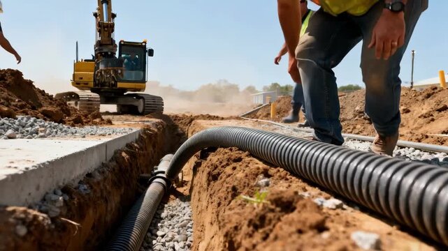 Medium shot of workers guiding underground conduits into place during trenchless cable duct installation with heavy machinery in the background.