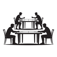 Four silhouettes of people sitting at tables, possibly playing games or having a meeting isolated on white background