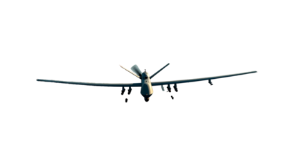 A grey, high-altitude drone with long wings and a V-tail against a black backdrop