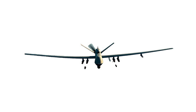 A grey, high-altitude drone with long wings and a V-tail against a black backdrop