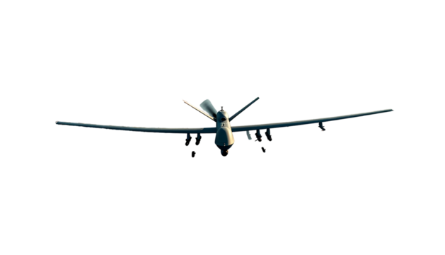 A grey, high-altitude drone with long wings and a V-tail against a black backdrop