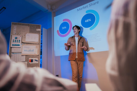 young Asian software development manager leads a late-night office discussion with his executive team, mentoring developers and analyzing source code to guide programming and project development	