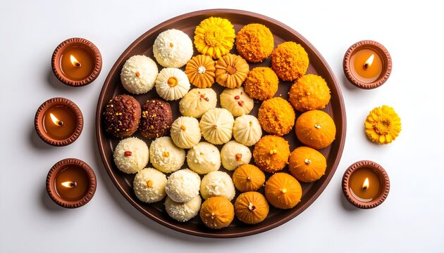 Indian festival sweets with glowing clay lamps high resolution photo