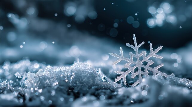 Abstract winter Christmas design of blue small bokeh lights and snowflakes against deep blue background - Powered by Adobe