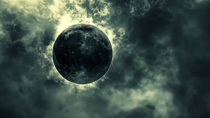 Dark and mysterious full moon behind stormy, ominous clouds in a dramatic night sky, perfect for fantasy or horror themes.