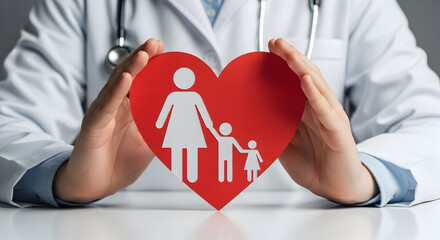 Doctor holding a red heart shape with a family figure inside, healthcare concept