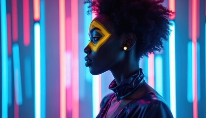 Black woman with yellow face paint and afro hairstyle poses against neon lights. Her futuristic outfit and makeup suggest a cyberpunk or Afrofuturist theme. Glamorous lady in glowing club.
