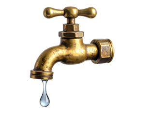 Old Brass Water Tap with Dripping Water Drop Isolated on Transparent Background.