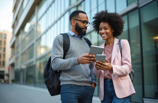 Man and woman walk in city, look at tablet and phone. Couple use tech devices outdoors. Diverse colleagues discuss work, share info, smile happily on street.
