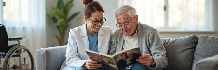 Nurse and elderly man look at photo album together on sofa. Woman in white coat smiles, man wears glasses. Wheelchair nearby suggests caregiving.