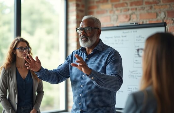 Mature man gives presentation in boardroom. Business team brainstorms together on modern project in office. Diverse ethnic coworkers discuss strategy near whiteboard. Collaboration of confident