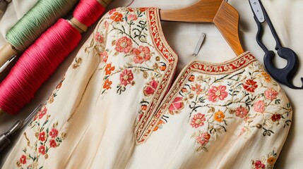 Traditional kurti with intricate floral embroidery on the front panel and sleeves showcased on a hanger with a soft fabric backdrop surrounded by sewing tools and threads