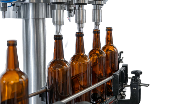 Close-up of automated industrial machinery filling brown glass bottles on a conveyor belt