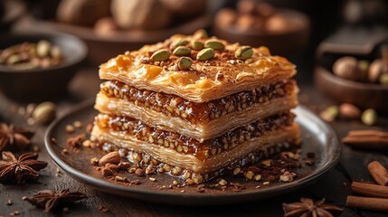 Traditional Middle Eastern dessert featuring pistachio cardamom baklava stacked in a pyramid shape drizzled with syrup surrounded by crushed nuts and spices on a decorative plate
