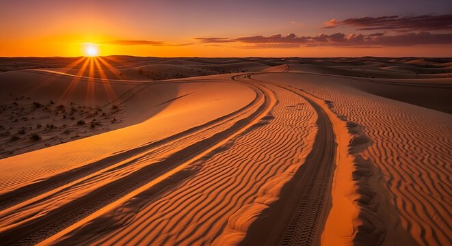 Desert Sunset with Tire Tracks on Sand Dunes.