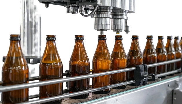 Amber glass bottles move along an automated conveyor belt being capped in a production line