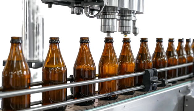 Amber glass bottles move along an automated conveyor belt being capped in a production line