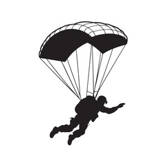 Silhouette of skydiver with parachute isolated on white background, representing extreme sport and adventure