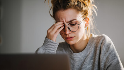 Stressed young woman working on a laptop at home