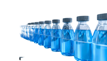 Row of glass bottles with blue liquid, capped, arranged in a line, angled perspective