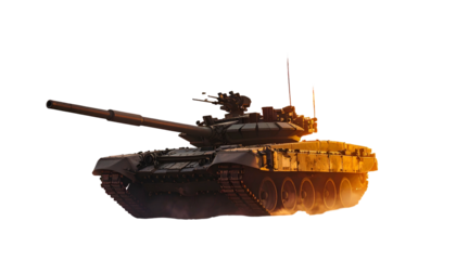A modern military tank silhouetted against a fiery sunset, isolated on black