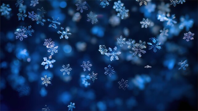 Abstract winter Christmas design of blue small bokeh lights and snowflakes against deep blue background