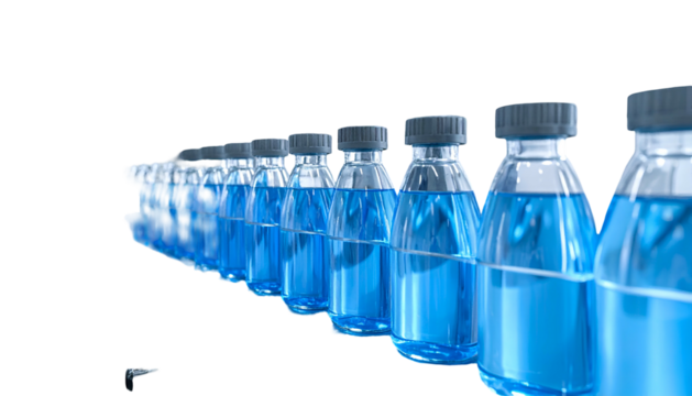 Row of glass bottles with blue liquid, capped, arranged in a line, angled perspective