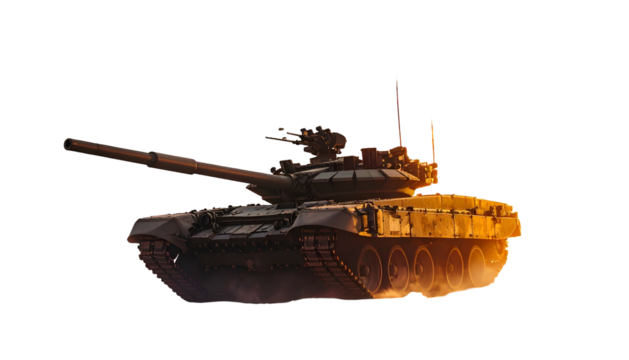 A modern military tank silhouetted against a fiery sunset, isolated on black