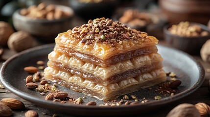 Traditional Middle Eastern dessert featuring pistachio cardamom baklava stacked in a pyramid shape drizzled with syrup surrounded by crushed nuts and spices on a decorative plate