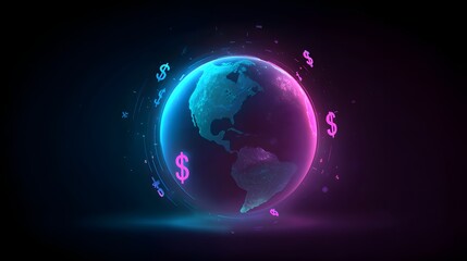 Illuminated digital globe surrounded by glowing currency symbols against a dark background