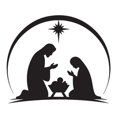 Silhouette of the nativity scene with the holy family isolated on white background for christmas celebration
