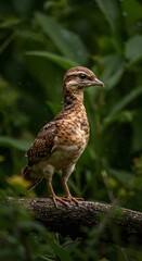 Brown Speckled Bird Perched on Tree Branch in Lush Greenery