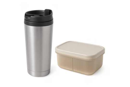 Reusable stainless steel travel mug and lunch box