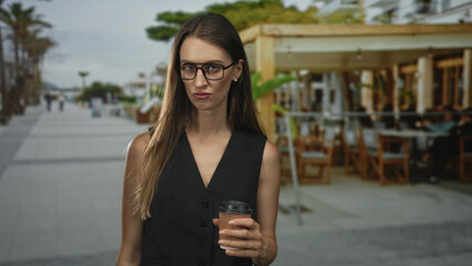 Woman holding takeaway coffee cup at chest level on street outside restaurant terrace wearing glasses and black vest; annoyed.