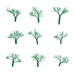 Collection of green vector trees without leaves on white background