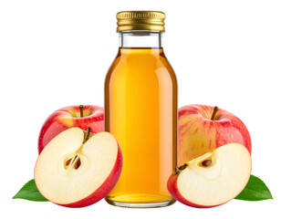 Refreshing apple juice or cider vinegar bottle with whole and sliced apples, isolated on transparent background.