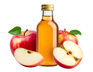 Refreshing apple juice or cider vinegar bottle with whole and sliced apples, isolated on transparent background.