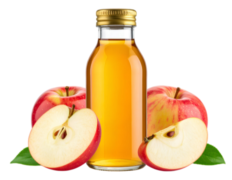 Refreshing apple juice or cider vinegar bottle with whole and sliced apples, isolated on transparent background.