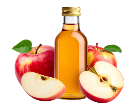Refreshing apple juice or cider vinegar bottle with whole and sliced apples, isolated on transparent background.