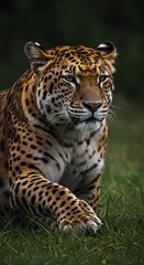 Obraz premium Alert Spotted Leopard Walking Through Green Grass Outdoor