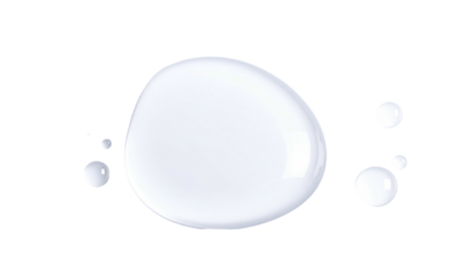 Close-up of large, pearly white liquid droplet with smaller bubbles on a stark black backdrop