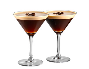 Two Classic Espresso Martini Glasses Filled with Rich Brown Cocktail, Isolated on Transparent Background. Great for Cafe Ads.