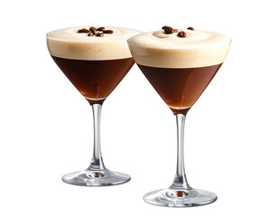 Two Classic Espresso Martini Glasses Filled with Rich Brown Cocktail, Isolated on Transparent Background. Great for Cafe Ads.