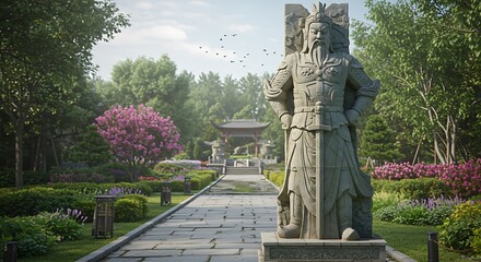 Fototapeta premium Ancient Chinese Garden Statue Pathway with Lush Greenery and Trees.