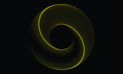 Abstract yellow circular geometric lines forming a glowing infinity loop on black background, modern digital art design, elegant futuristic motion pattern