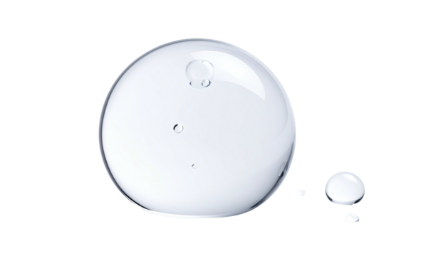 Isolated glossy liquid droplet with smaller adjacent drops on black background - Powered by Adobe