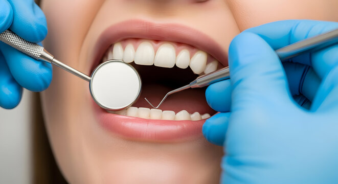 Dentist examining patients teeth with mirror and probe for oral health and hygiene checkup