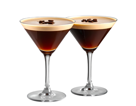 Two Classic Espresso Martini Glasses Filled with Rich Brown Cocktail, Isolated on Transparent Background. Great for Cafe Ads. - Powered by Adobe