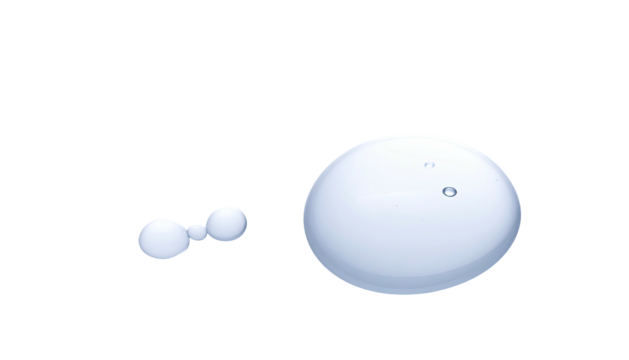 Two clusters of spherical, luminous, watery elements float isolated against a stark black void